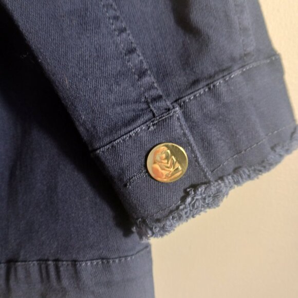 Kim Gravel, Belle, Medium Navy Denim Jacket with Gold Buttons and Frayed Trim - Picture 8 of 15
